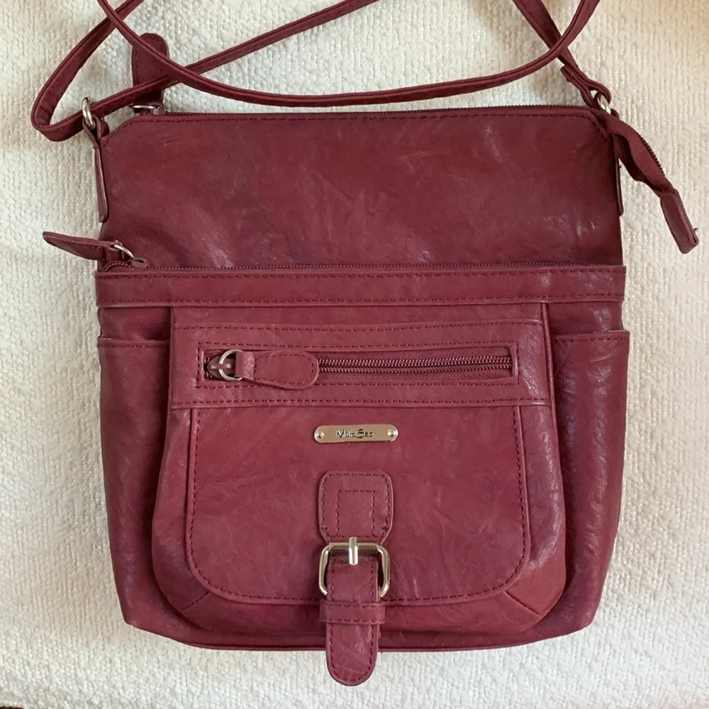 MultiSac Burgundy Crossbody Bag Washable Pebbled Faux Leather Multiple Pockets
